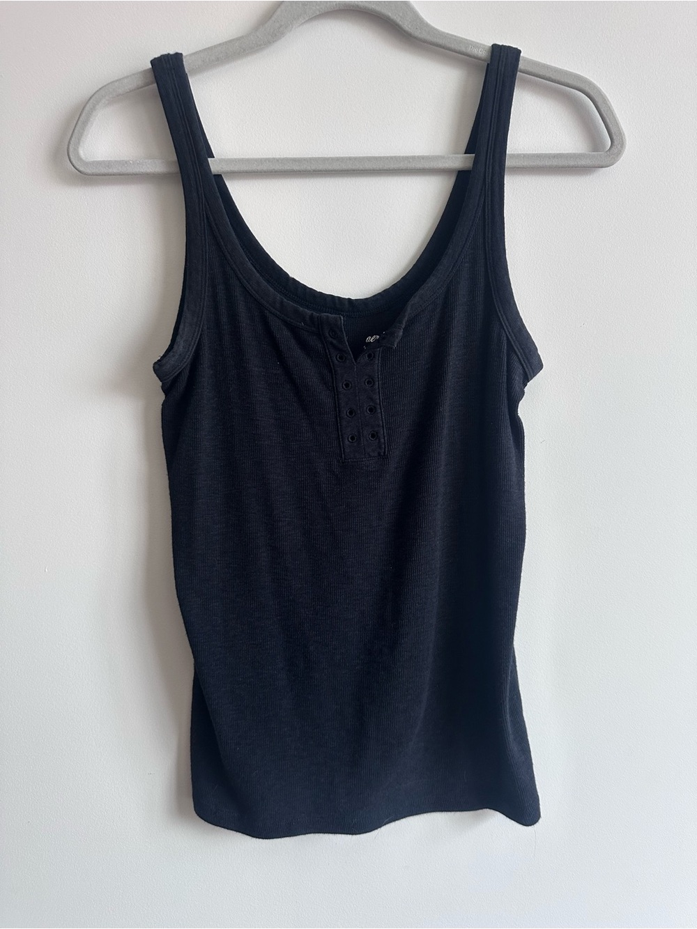 aerie Black Ribbed Scoop Tank with Button Placket